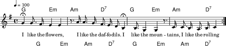 

\version "2.12.3"

\language "deutsch"

\header {
  tagline = ""
}

\layout {
  indent = #0
} 

akkorde = \chordmode {
    \germanChords
    \set chordChanges = ##t
    g2 e:m a:m d:7
    g2 e:m a:m d:7
    g2 e:m a:m d:7
    g2 e:m a:m d:7
}

global = {
  \autoBeamOff
  \tempo 4 = 100
  \time 4/4
  \key g \major
}

melodie = \relative c'' {
  \global
  g4\fermata g8. fis16 e4 e
  r8. a16 a8. g16 fis8. e16 d8
  h4\fermata h8. g4 g4
  r8. c16 c8. h16 a8. h16 c4
  \bar ":|."
}


text = \lyricmode {
I like the flow -- ers, I like the daf -- fo -- dils.
I like the moun -- tains, I like the rol -- ling hills.
I like the fire -- place, when the light is low.
Dum, di da, di dum, di da, di dum, di da, di dum, di da, di.
}

\score {
  <<
    \new ChordNames { \akkorde }
    \new Voice = "Lied" { \melodie }
    \new Lyrics \lyricsto "Lied" { \text }
  >>
\midi {}
\layout {}
}
